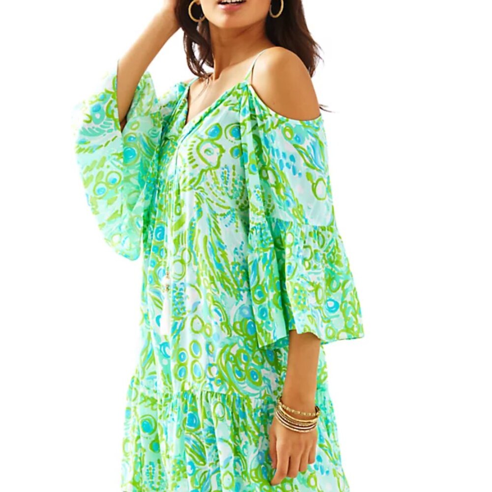 Lilly Pulitzer Alanna Off The Shoulder Dress Any Fin Possible beaded Tassels XXS